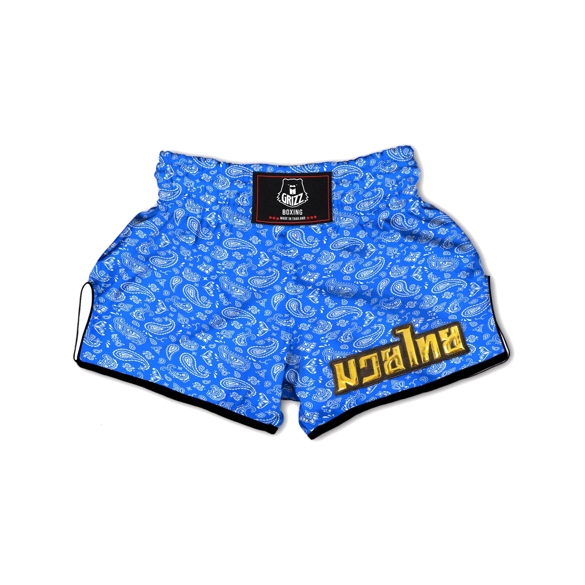 Blue Paisley Bandana Print Muay Thai Boxing Shorts-grizzshop