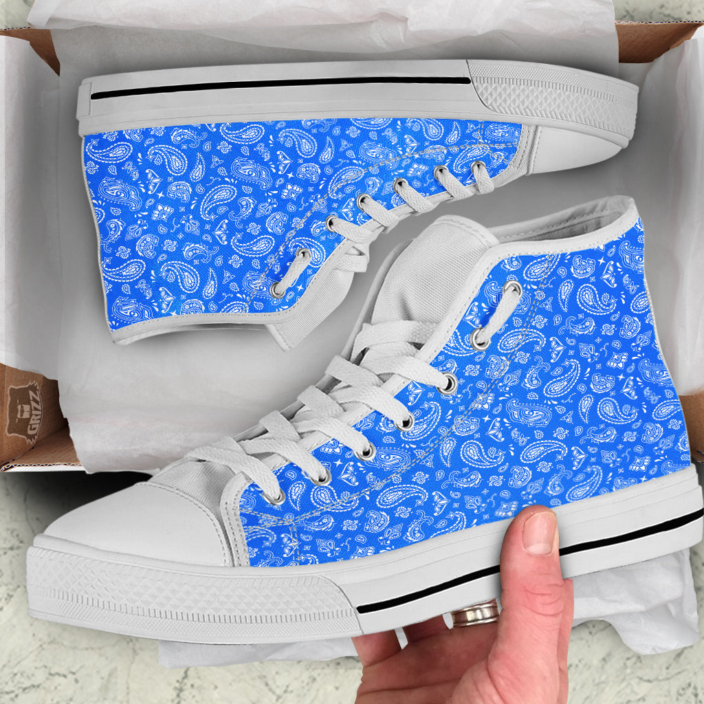 Blue Paisley Bandana Print White High Top Shoes-grizzshop