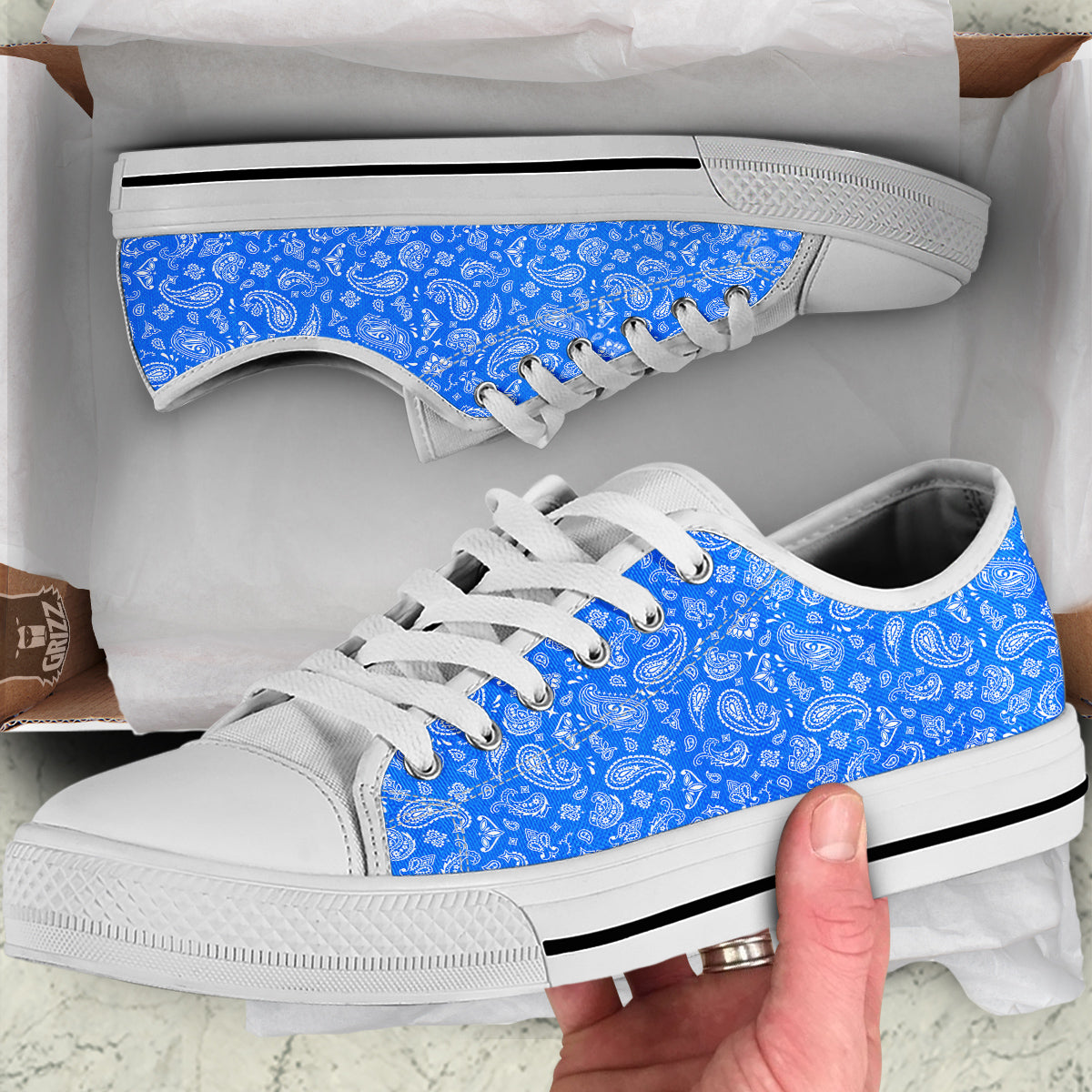 Blue Paisley Bandana Print White Low Top Shoes-grizzshop