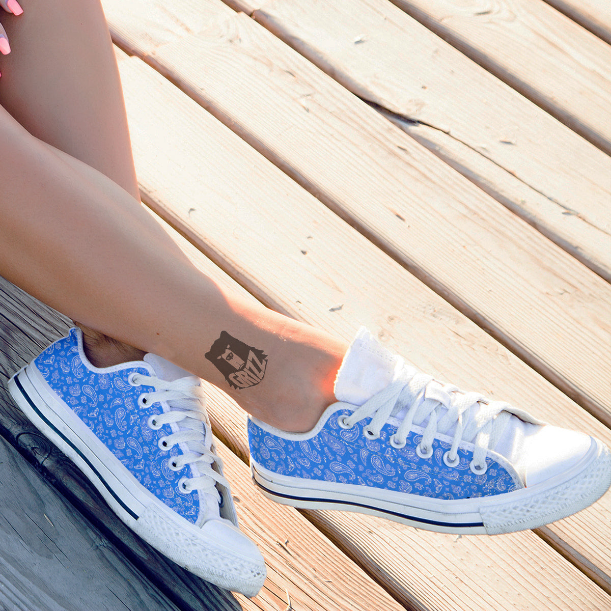 Blue Paisley Bandana Print White Low Top Shoes-grizzshop