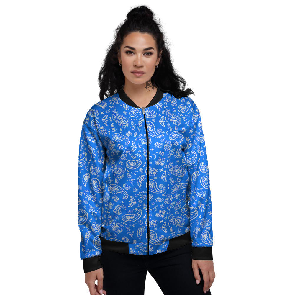 Blue Paisley Bandana Print Women's Bomber Jacket-grizzshop