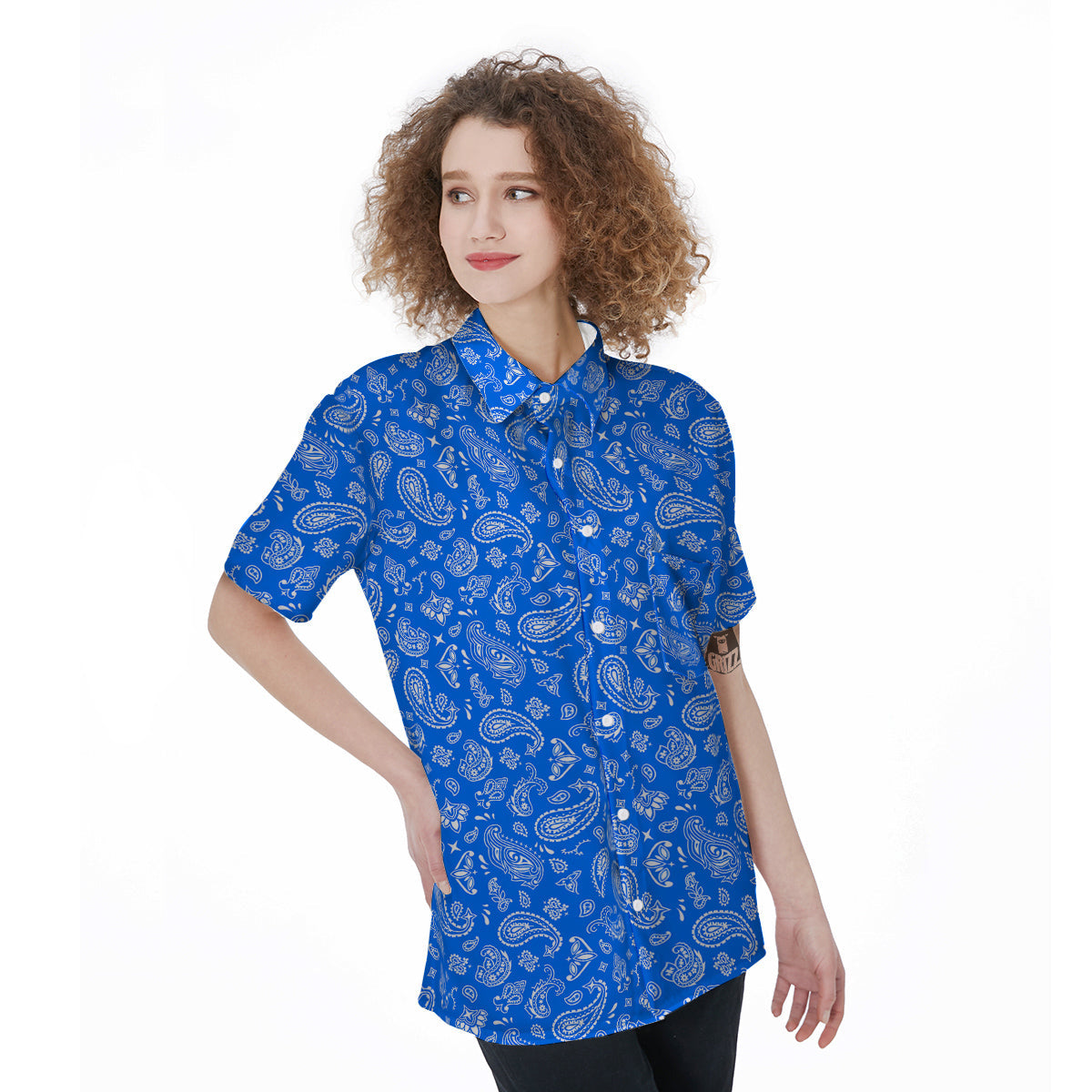 Blue Paisley Bandana Print Women's Short Sleeve Shirts-grizzshop