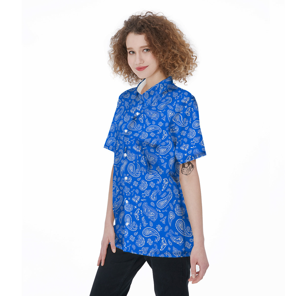 Blue Paisley Bandana Print Women's Short Sleeve Shirts-grizzshop