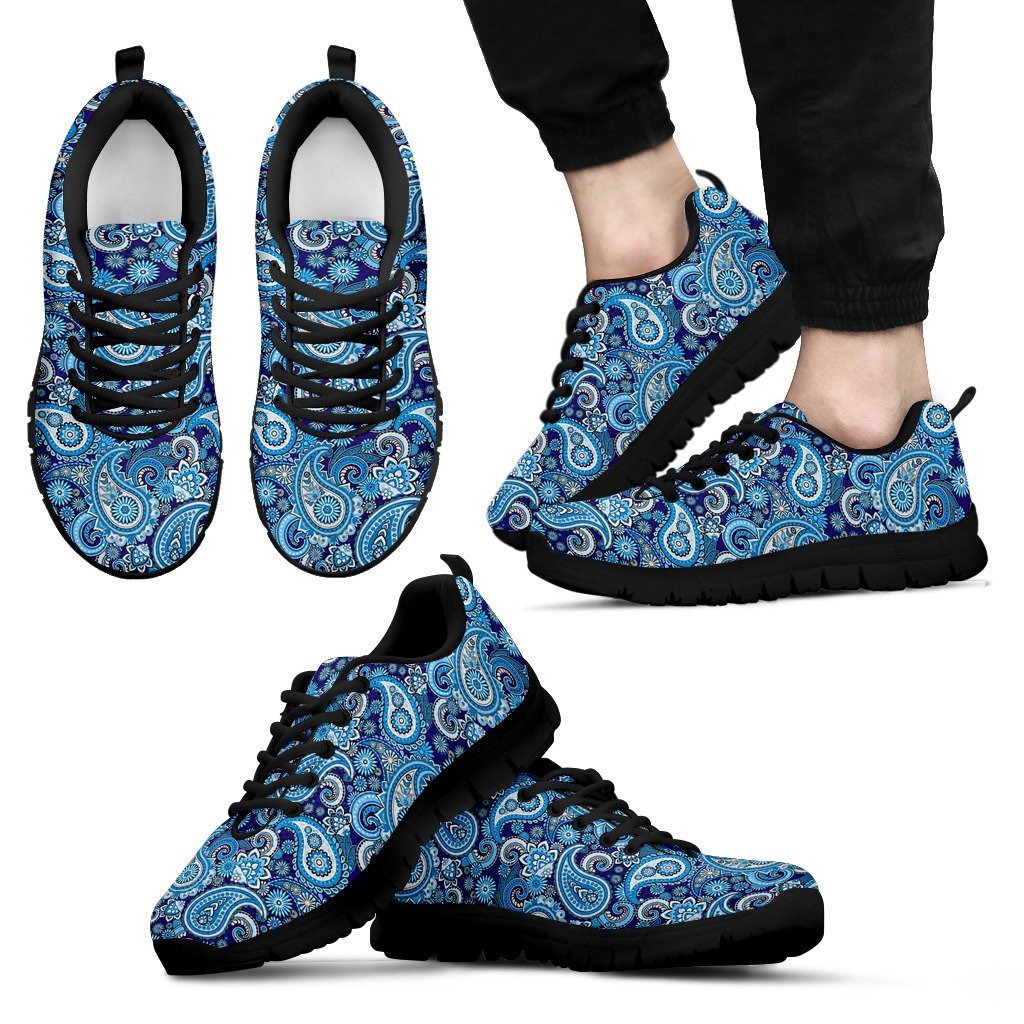 Blue Paisley Pattern Print Black Sneaker Shoes For Men Women-grizzshop