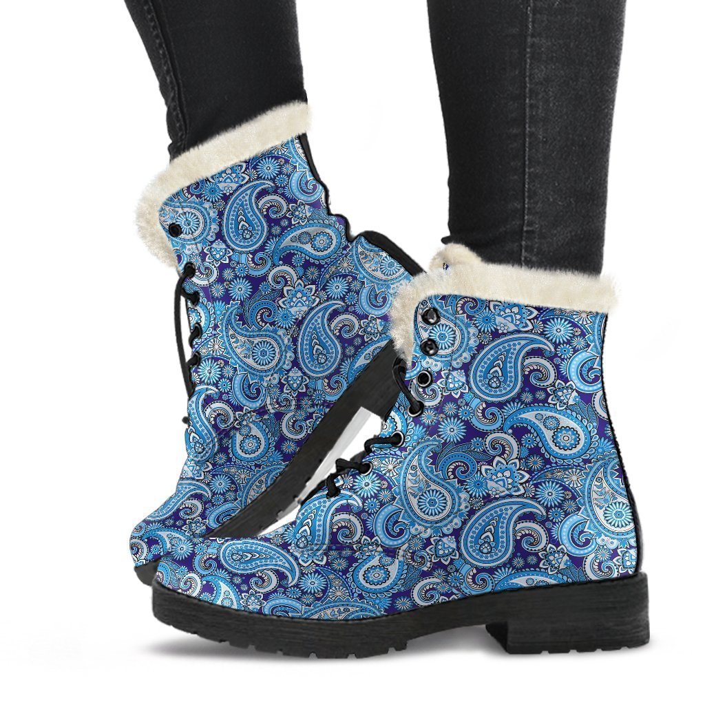Blue Paisley Pattern Print Comfy Winter Boots-grizzshop
