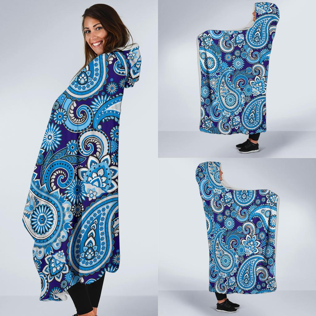 Blue Paisley Pattern Print Hooded Blanket-grizzshop