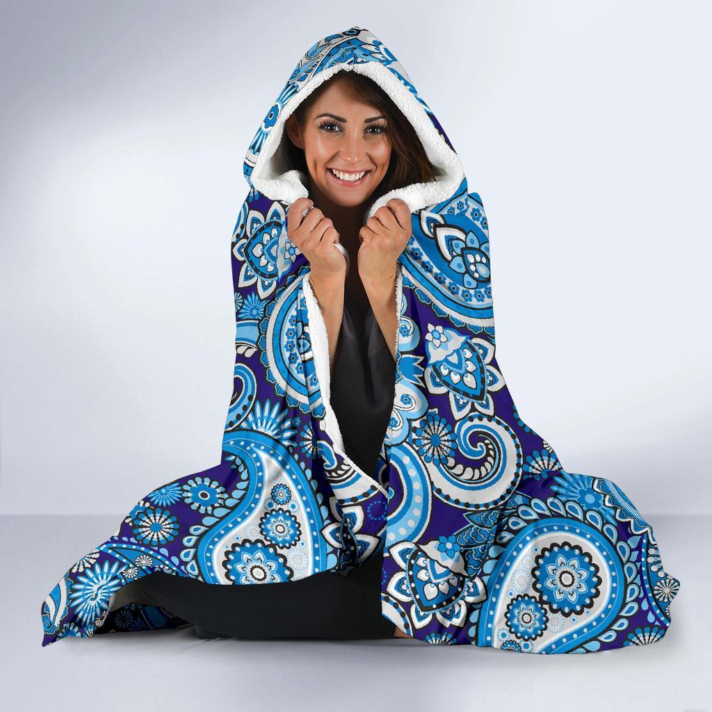 Blue Paisley Pattern Print Hooded Blanket-grizzshop