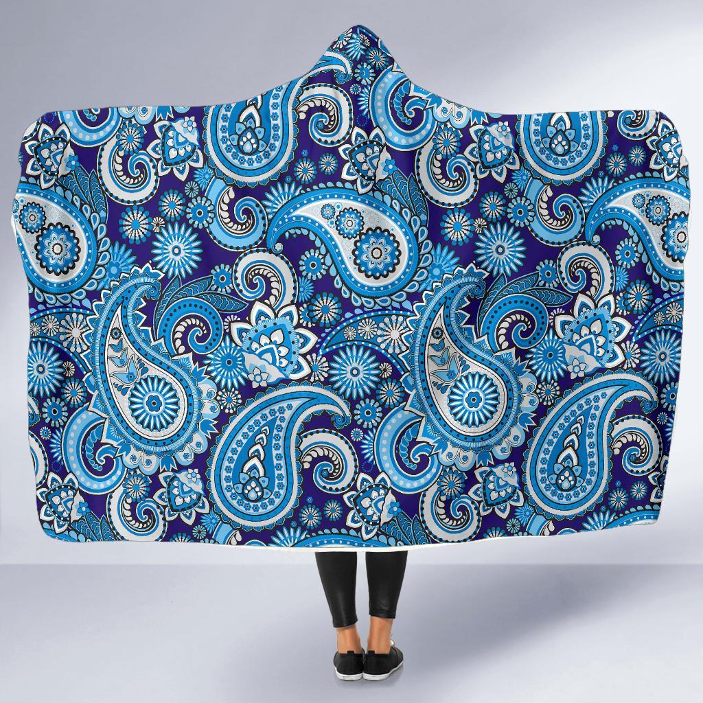 Blue Paisley Pattern Print Hooded Blanket-grizzshop