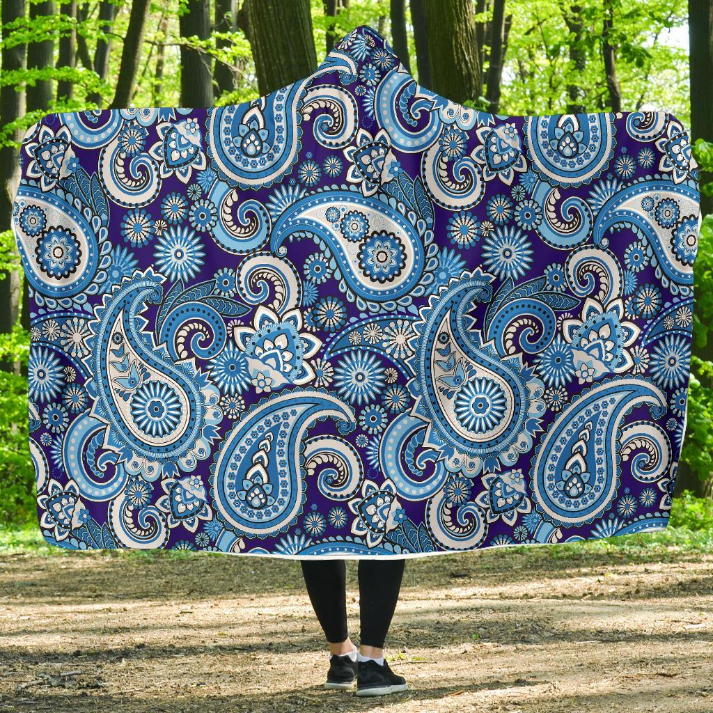 Blue Paisley Pattern Print Hooded Blanket-grizzshop