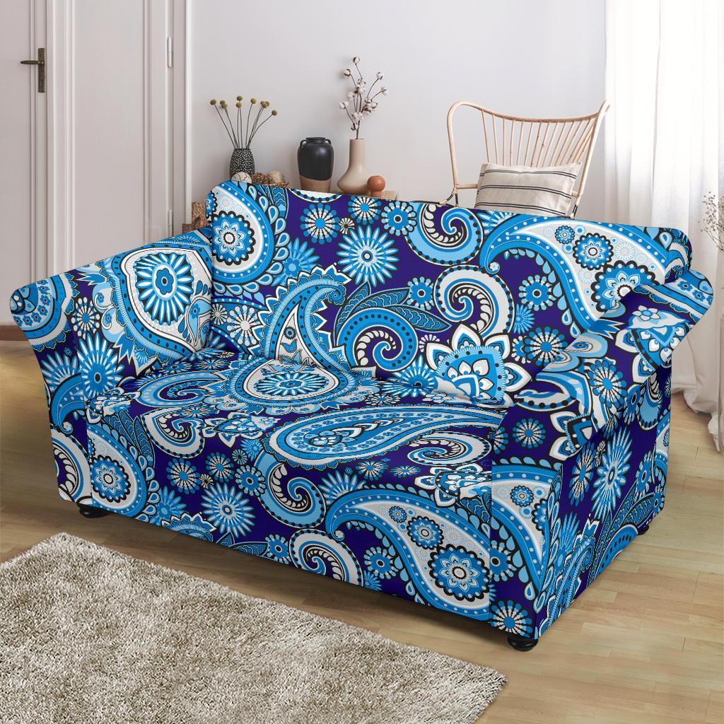 Blue Paisley Pattern Print Loveseat Cover-grizzshop