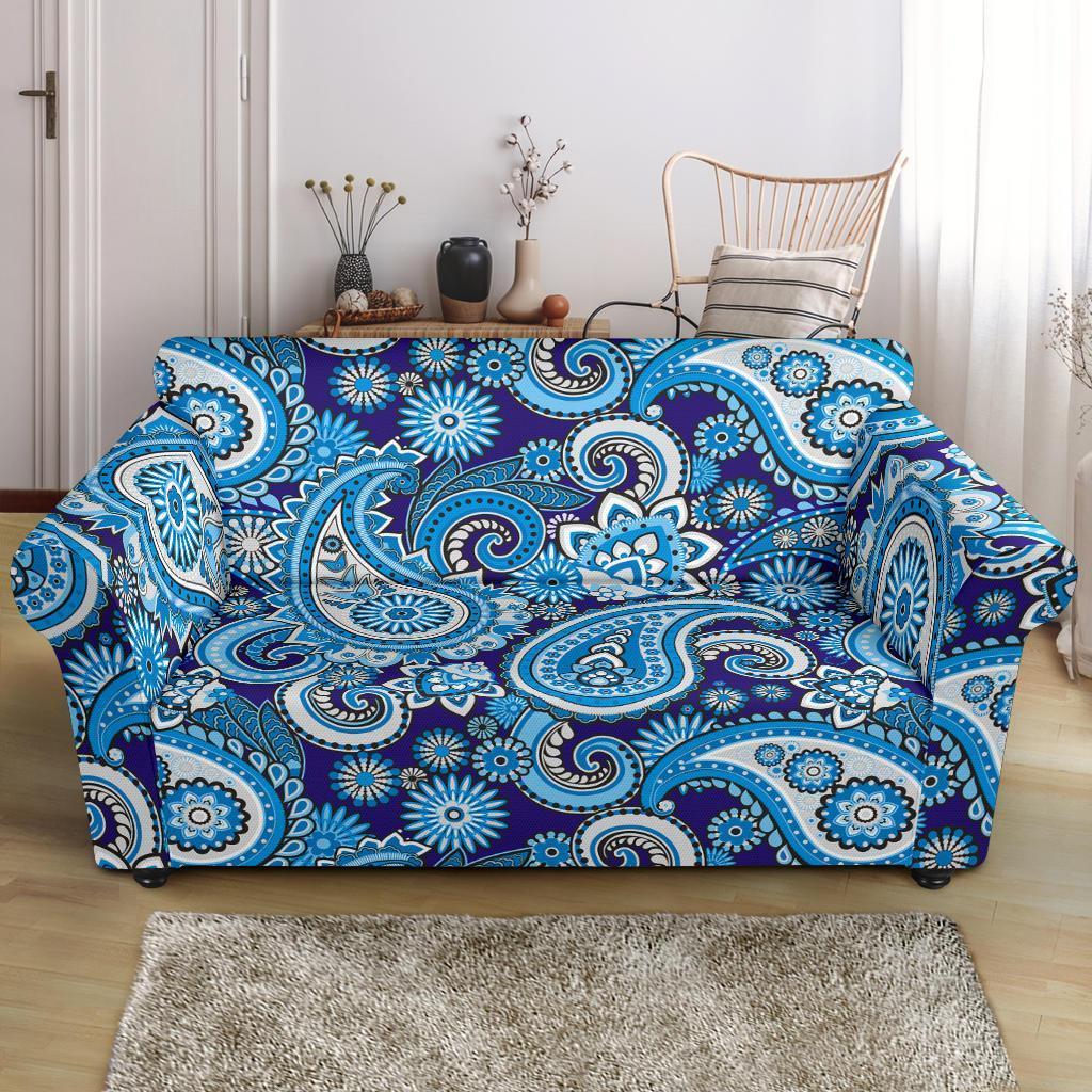 Blue Paisley Pattern Print Loveseat Cover-grizzshop