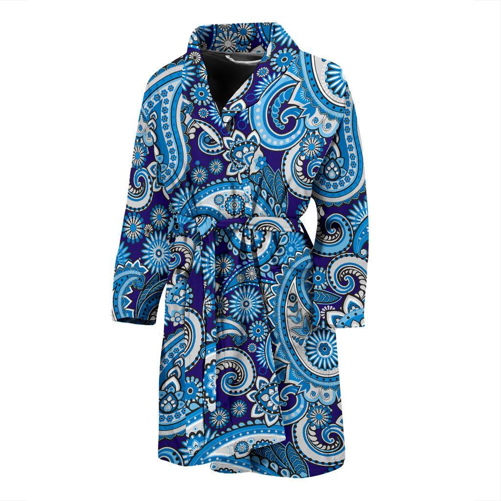 Blue Paisley Pattern Print Men Long Robe-grizzshop