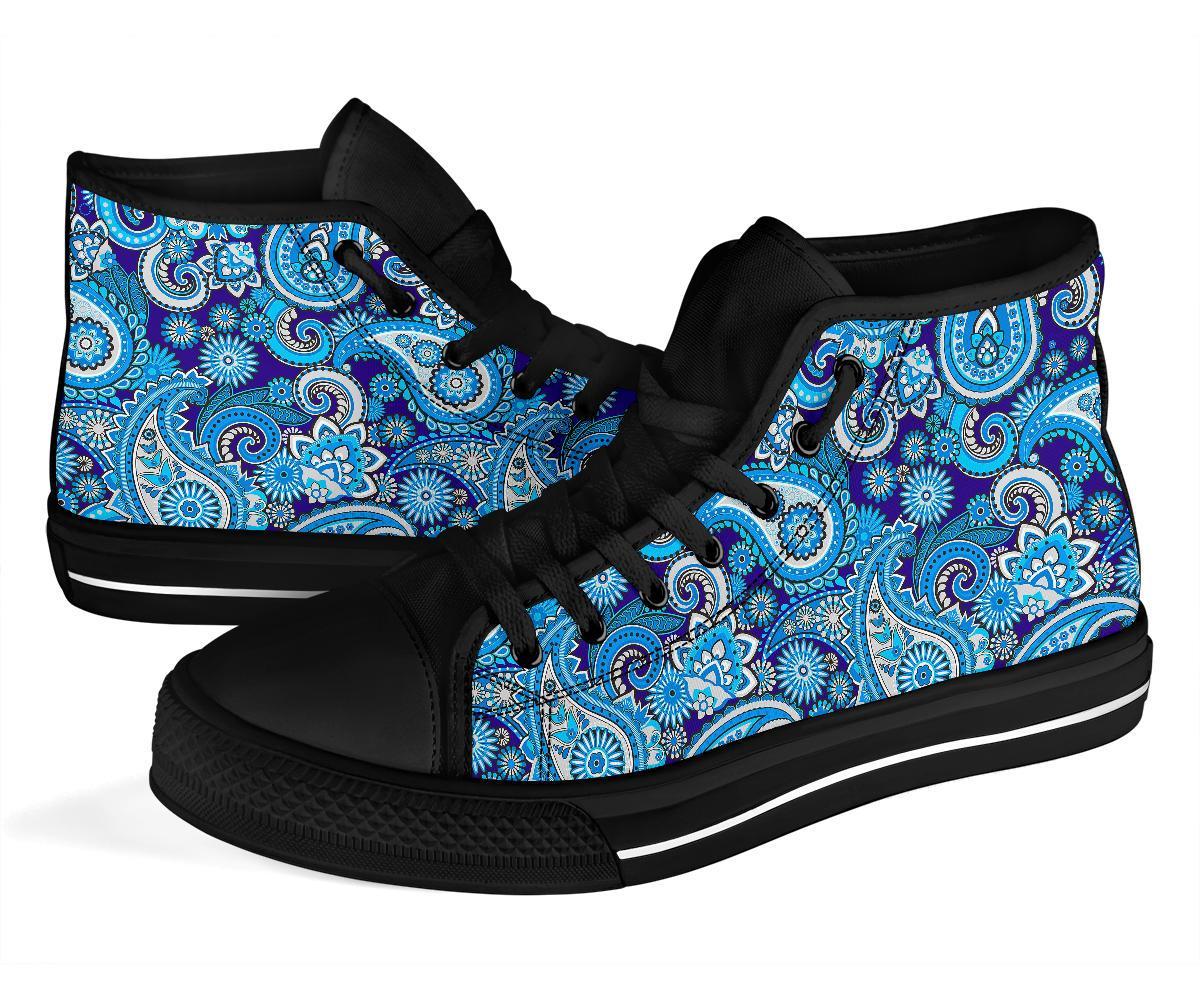 Blue Paisley Pattern Print Men Women's High Top Shoes-grizzshop