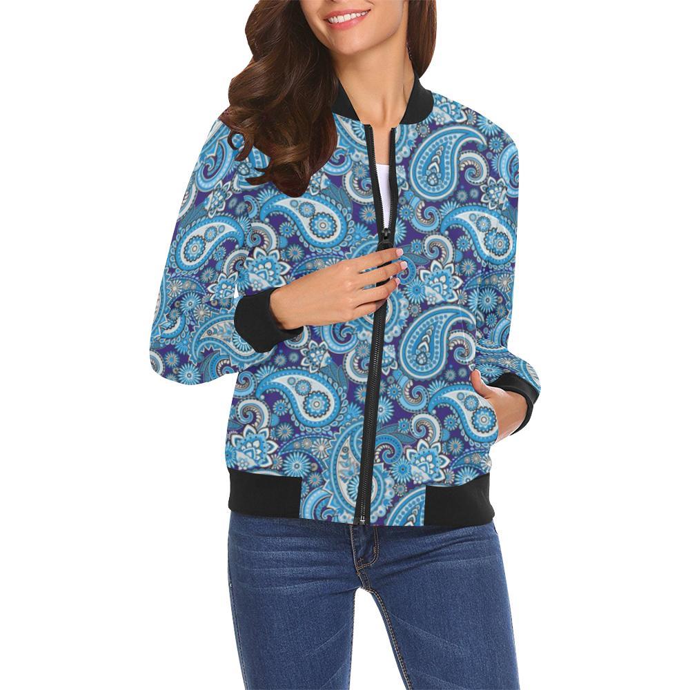 Blue Paisley Pattern Print Women Casual Bomber Jacket-grizzshop