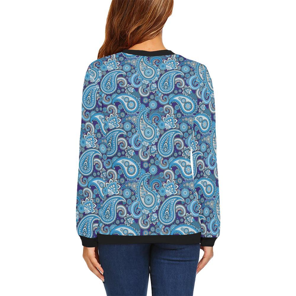 Blue Paisley Pattern Print Women Crewneck Sweatshirt-grizzshop