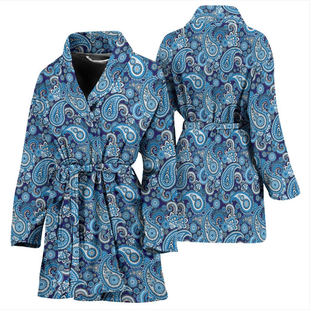 Blue Paisley Pattern Print Women Long Robe-grizzshop