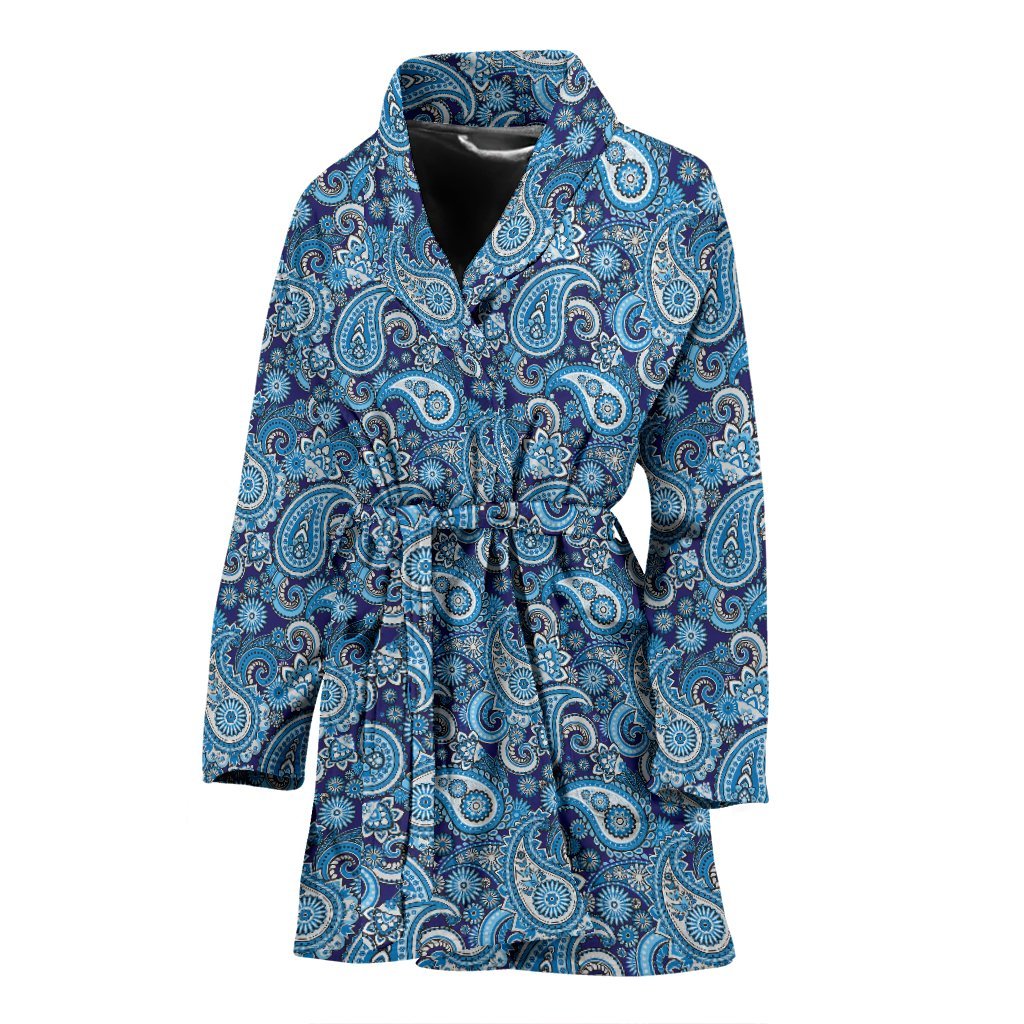 Blue Paisley Pattern Print Women Long Robe-grizzshop