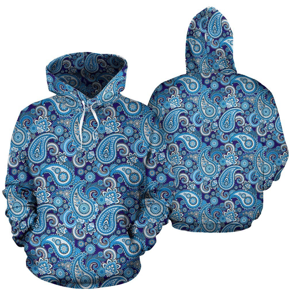 Blue Paisley Pattern Print Women Men Pullover Hoodie-grizzshop