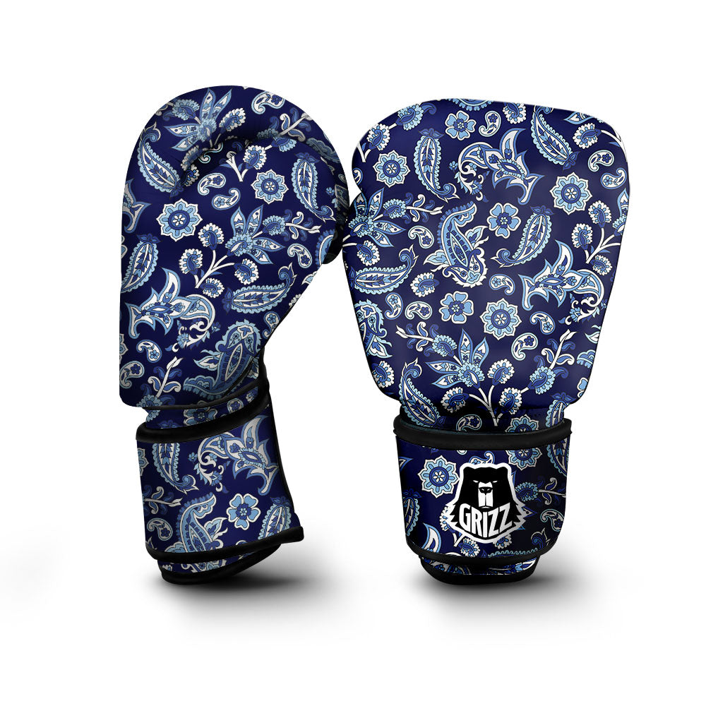 Blue Paisley Print Pattern Boxing Gloves-grizzshop