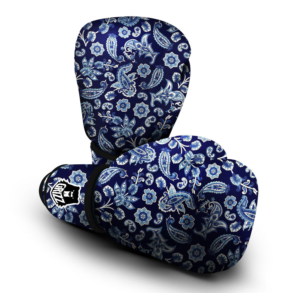 Blue Paisley Print Pattern Boxing Gloves-grizzshop