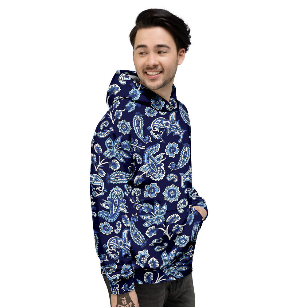 Blue Paisley Print Pattern Men's Hoodie-grizzshop