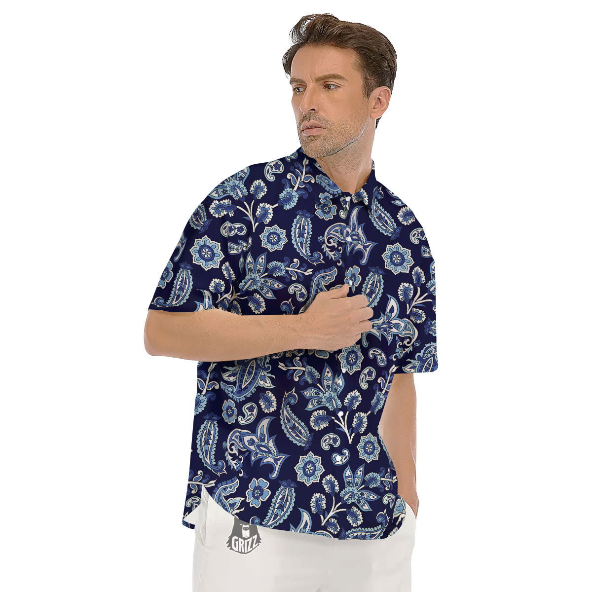 Blue Paisley Print Pattern Men's Short Sleeve Shirts-grizzshop