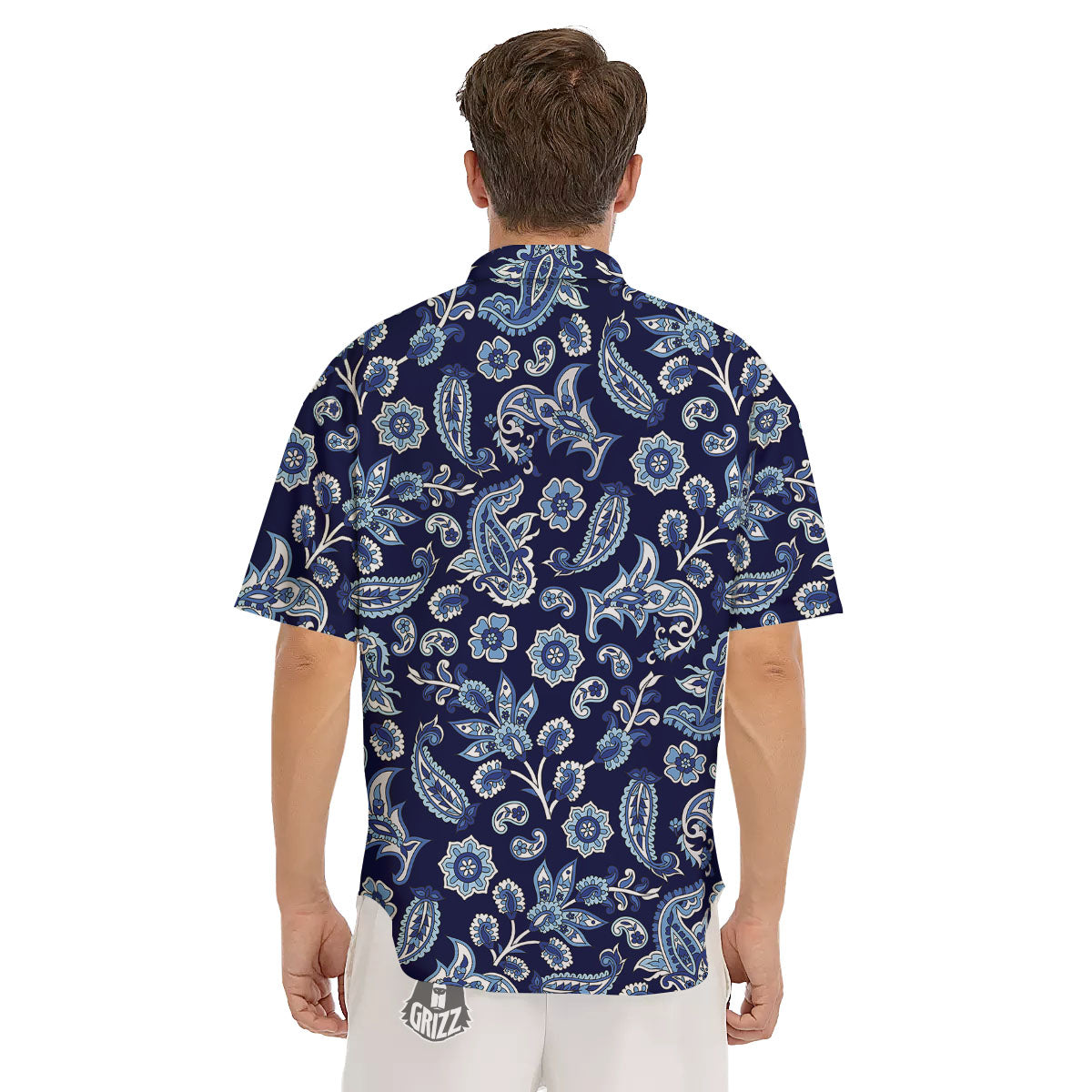 Blue Paisley Print Pattern Men's Short Sleeve Shirts-grizzshop