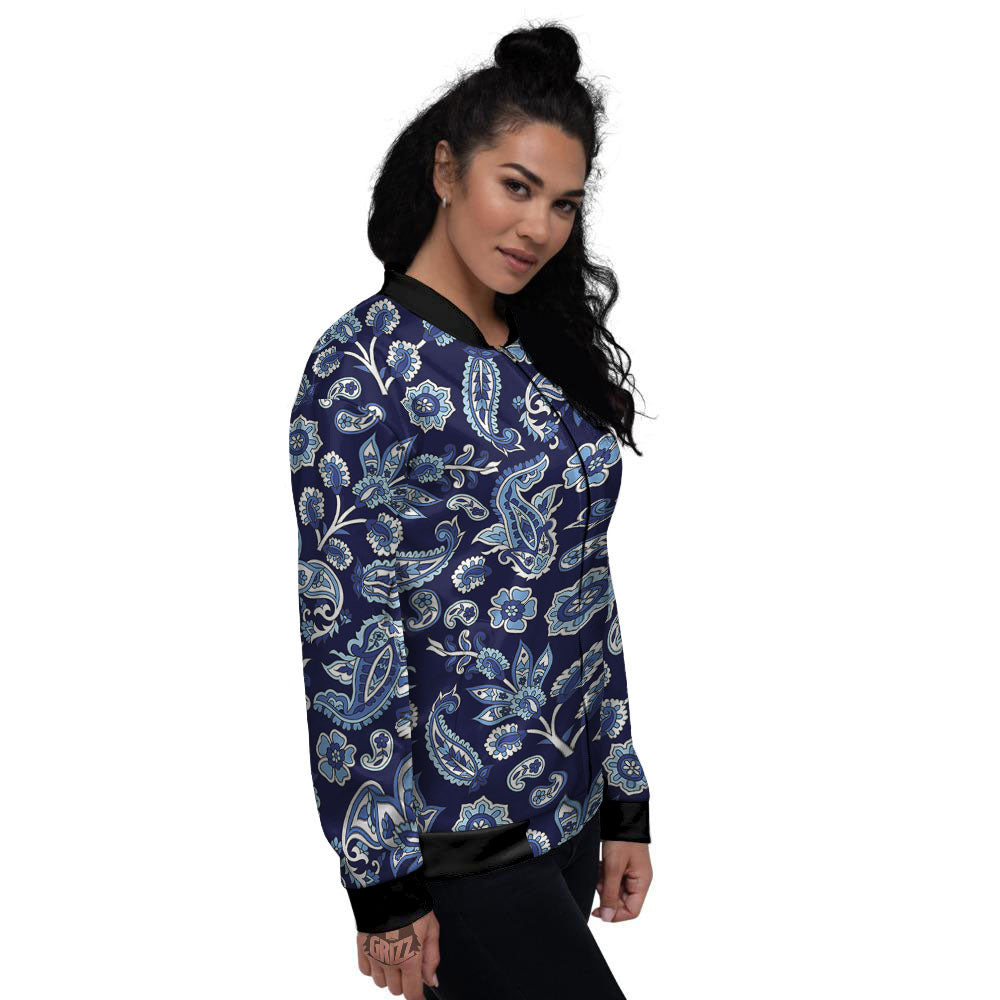 Blue Paisley Print Pattern Women's Bomber Jacket-grizzshop
