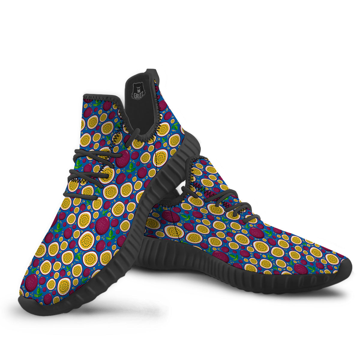 Blue Passion Fruit Print Pattern Black Walking Shoes-grizzshop