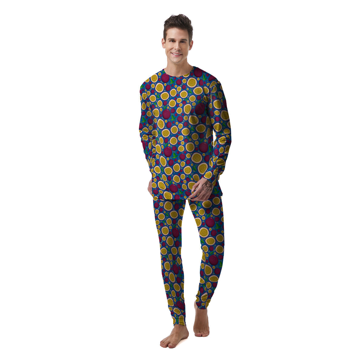 Blue Passion Fruit Print Pattern Men's Pajamas-grizzshop