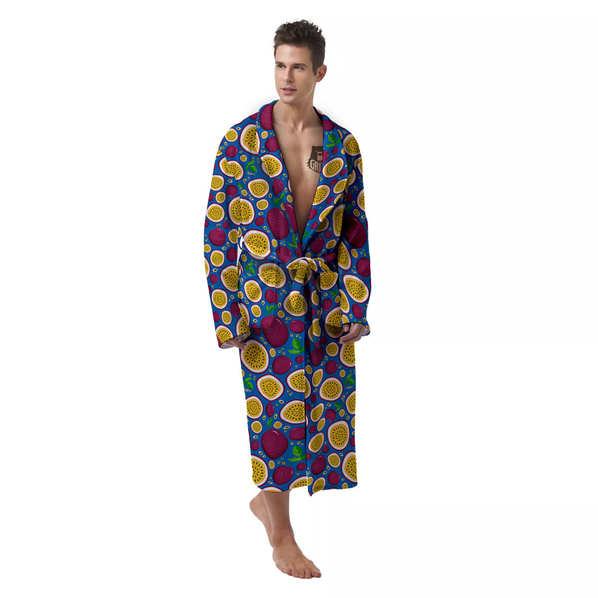 Blue Passion Fruit Print Pattern Men's Robe-grizzshop