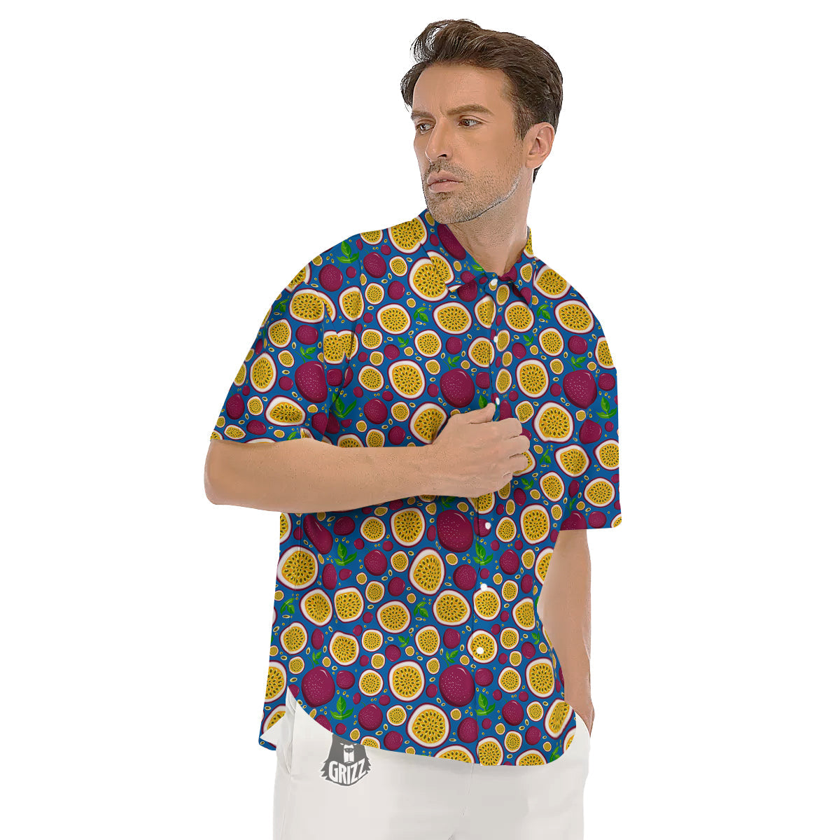 Blue Passion Fruit Print Pattern Men's Short Sleeve Shirts-grizzshop