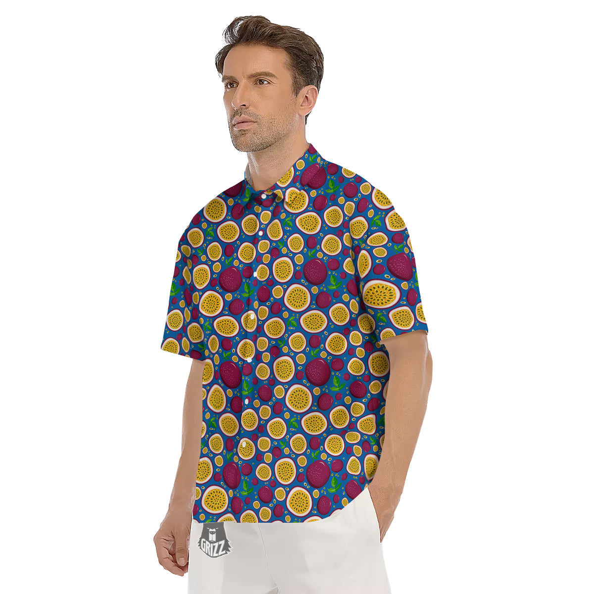 Blue Passion Fruit Print Pattern Men's Short Sleeve Shirts-grizzshop