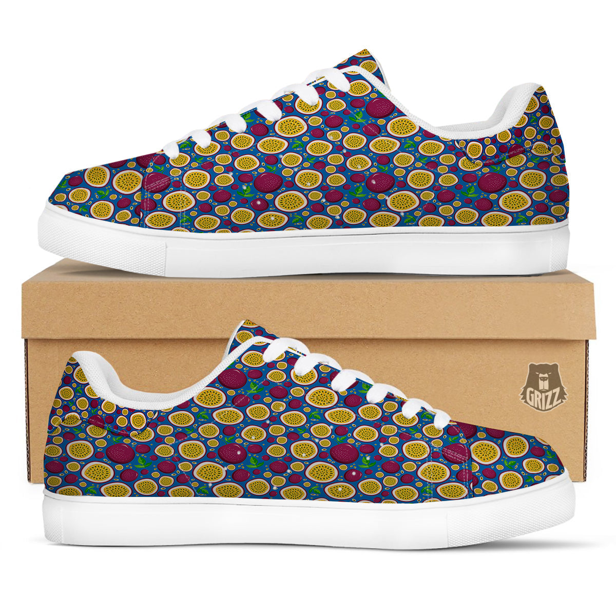 Blue Passion Fruit Print Pattern White Low Top Sneakers-grizzshop