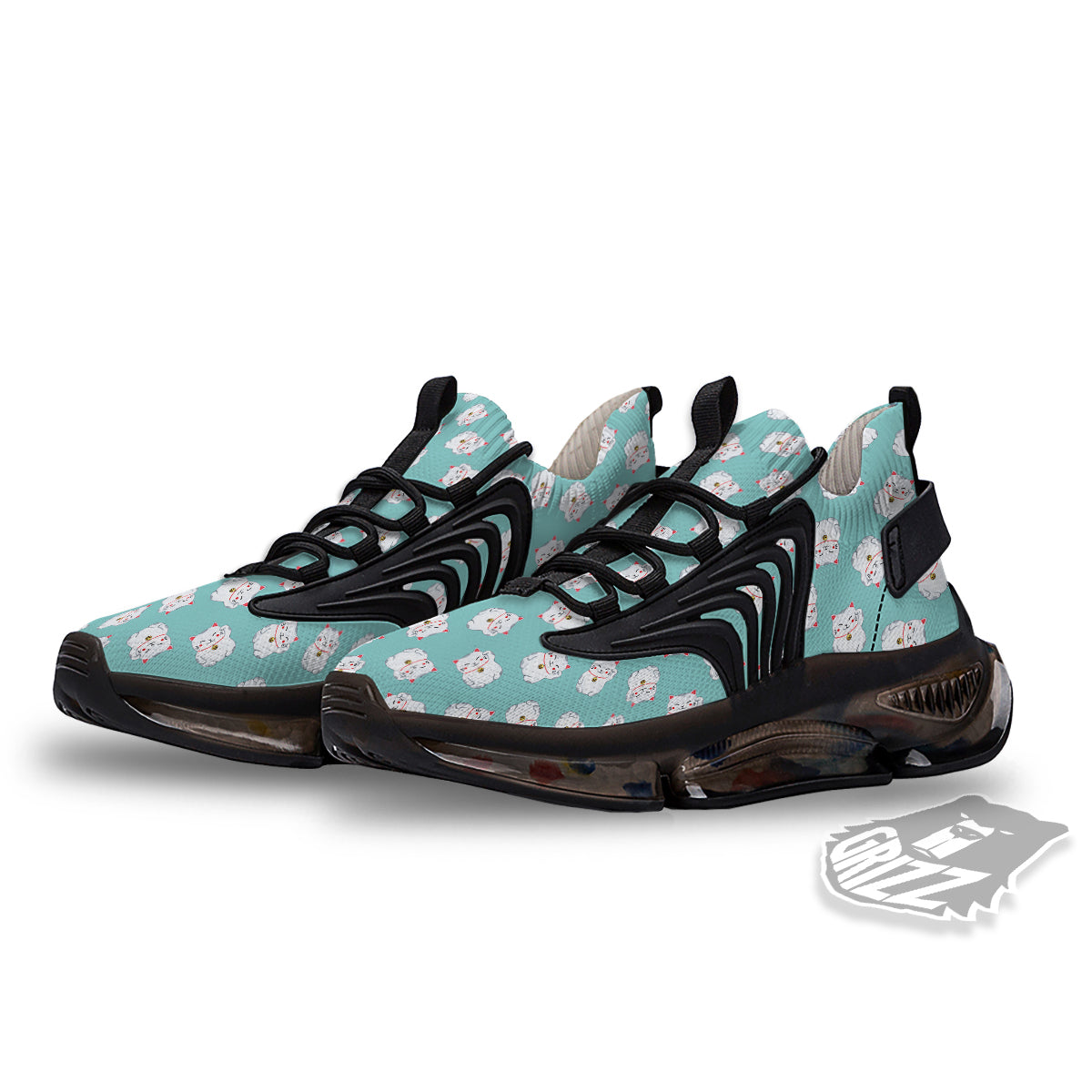 Blue Pastel Lucky Cat Print Pattern Black Gym Shoes-grizzshop