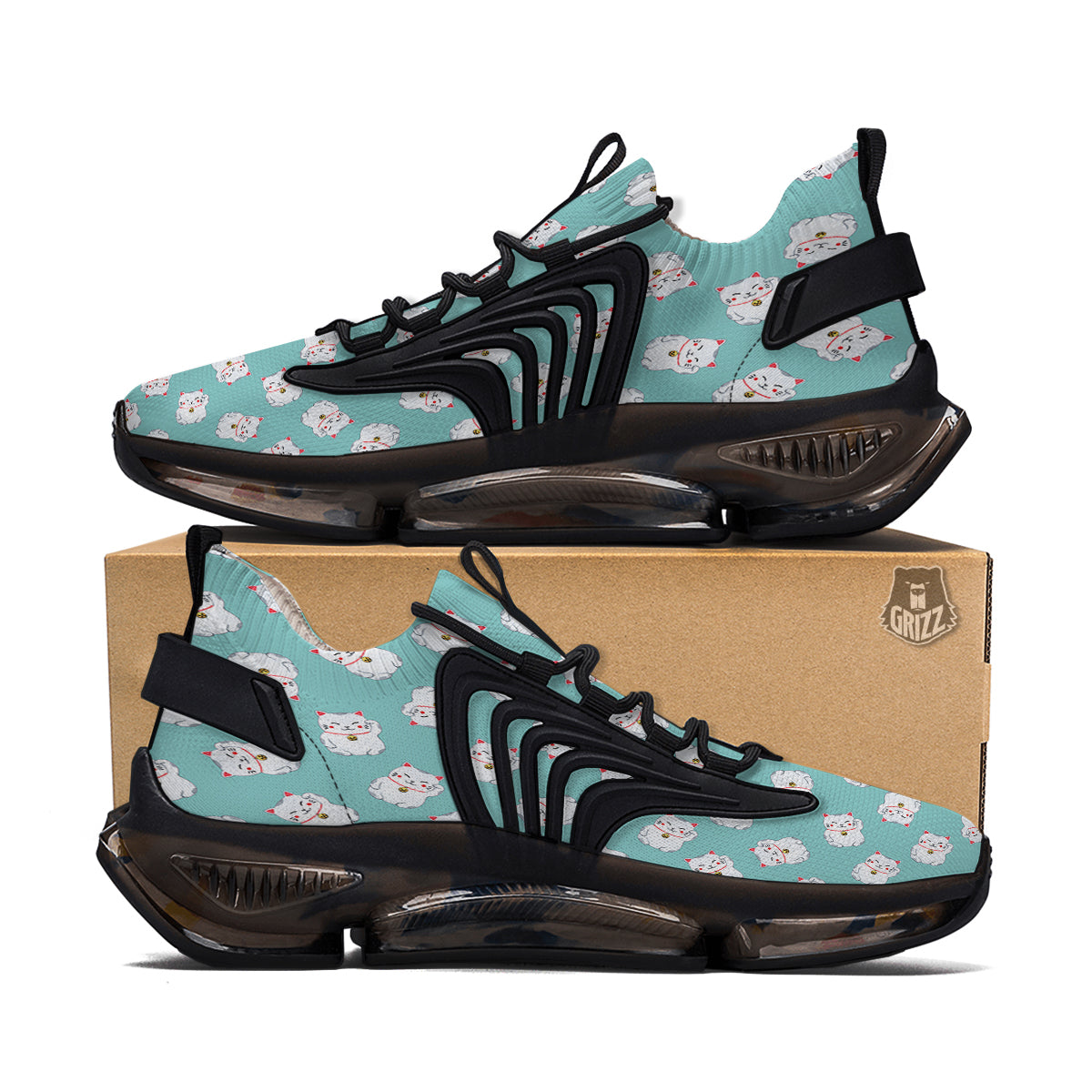 Blue Pastel Lucky Cat Print Pattern Black Gym Shoes-grizzshop