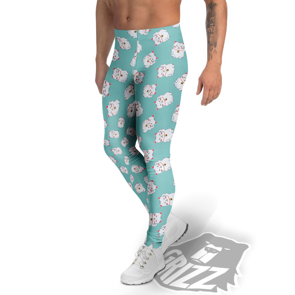 Blue Pastel Lucky Cat Print Pattern Men's Leggings-grizzshop