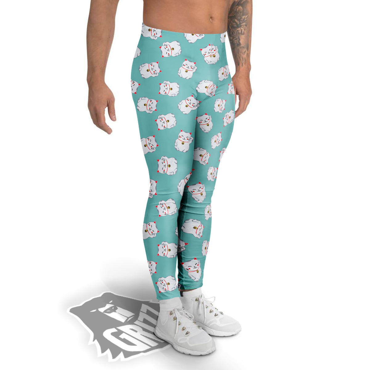 Blue Pastel Lucky Cat Print Pattern Men's Leggings-grizzshop