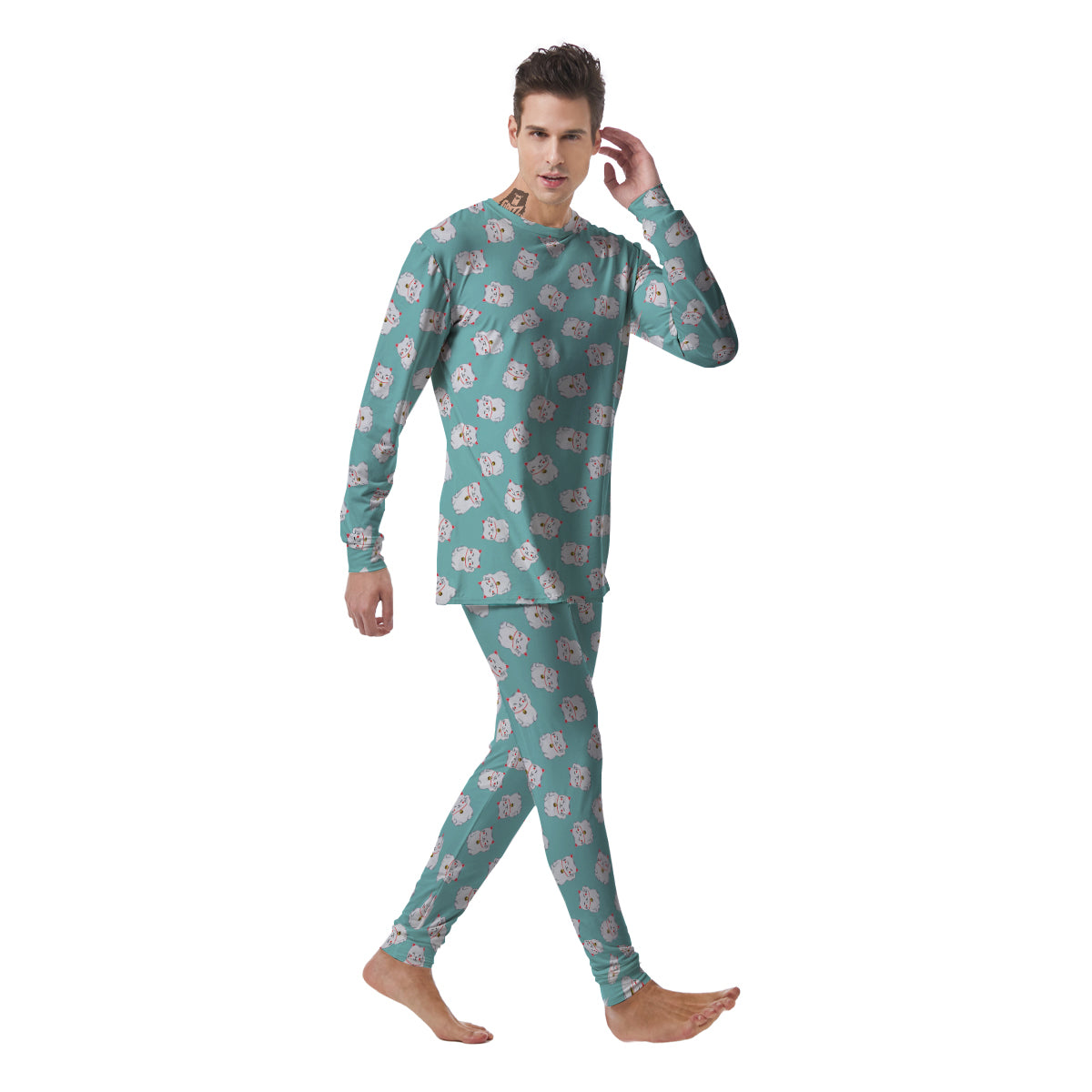 Blue Pastel Lucky Cat Print Pattern Men's Pajamas-grizzshop