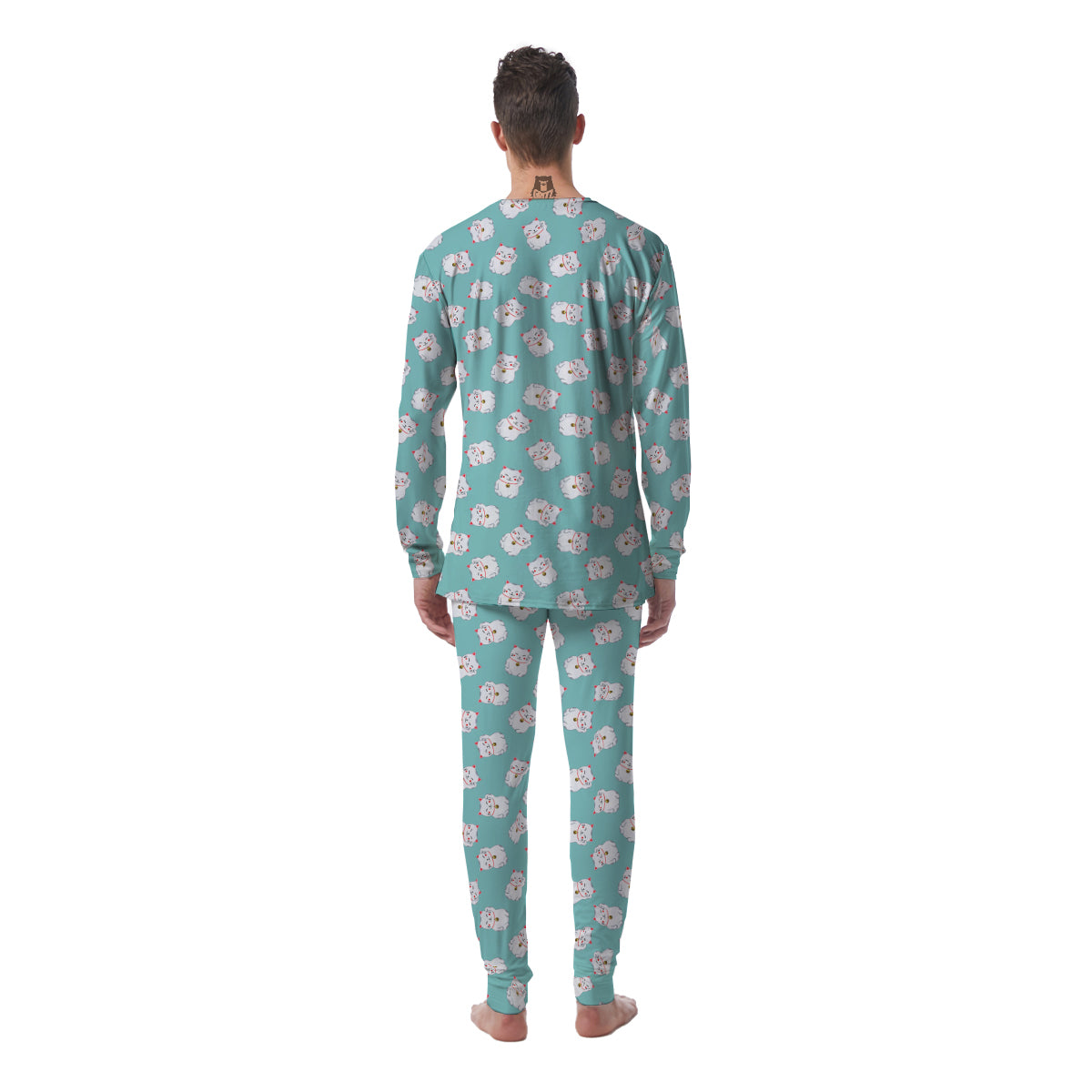 Blue Pastel Lucky Cat Print Pattern Men's Pajamas-grizzshop