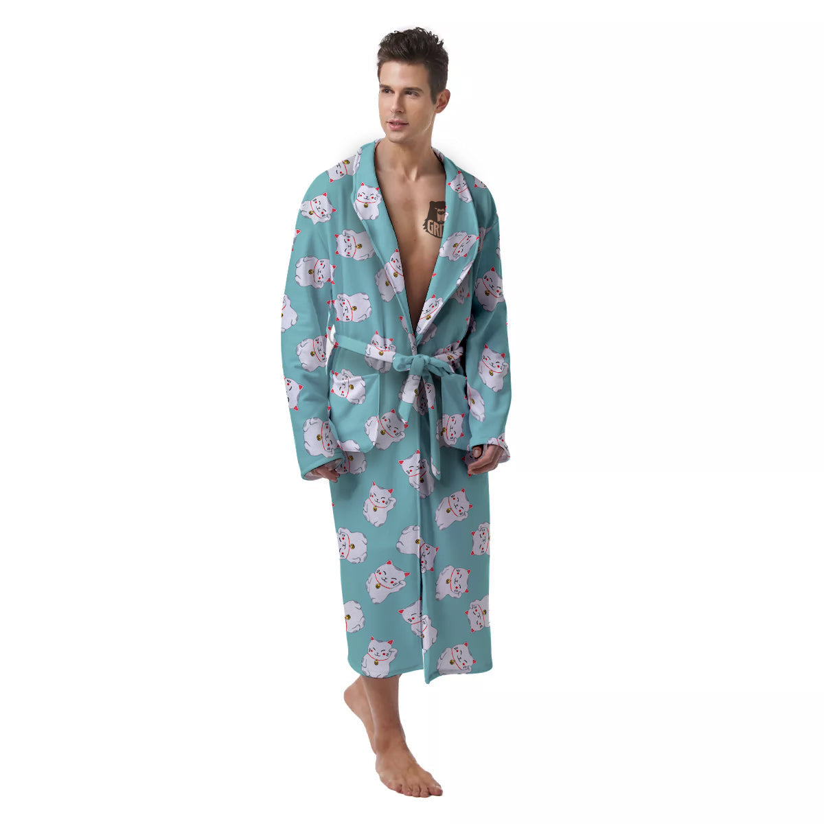 Blue Pastel Lucky Cat Print Pattern Men's Robe-grizzshop