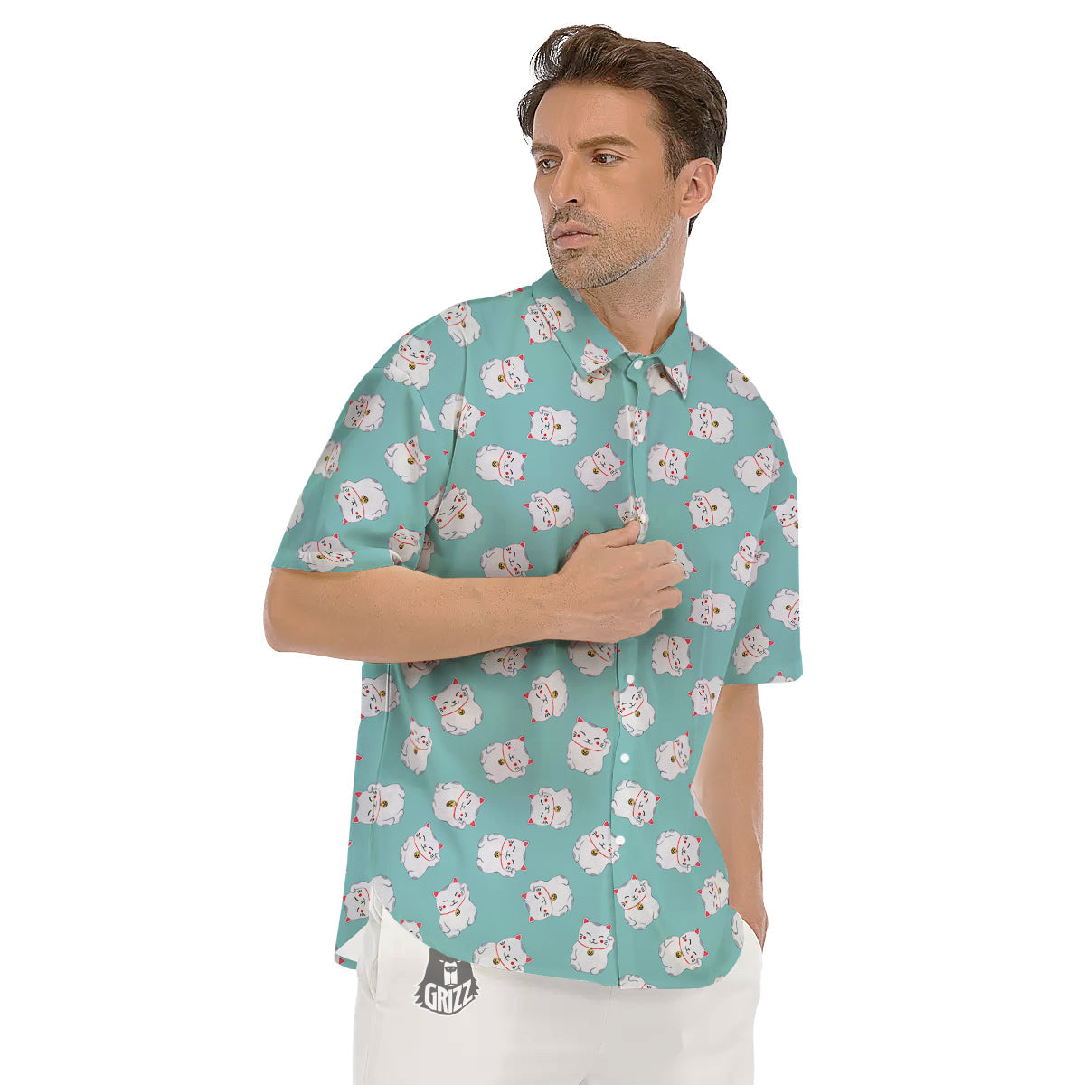 Blue Pastel Lucky Cat Print Pattern Men's Short Sleeve Shirts-grizzshop