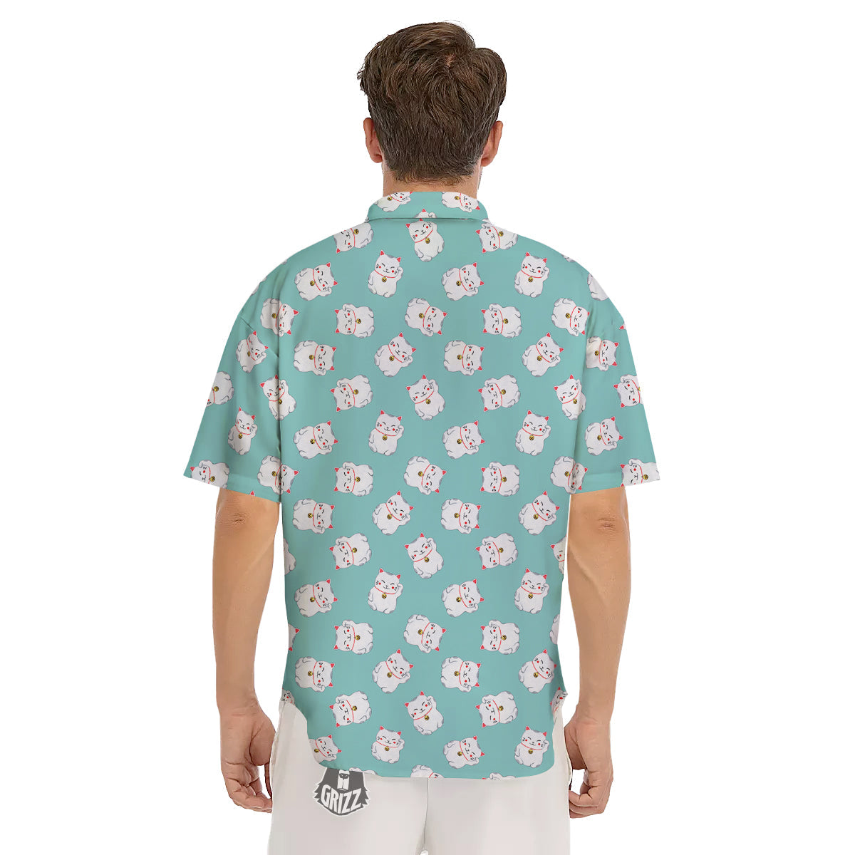 Blue Pastel Lucky Cat Print Pattern Men's Short Sleeve Shirts-grizzshop