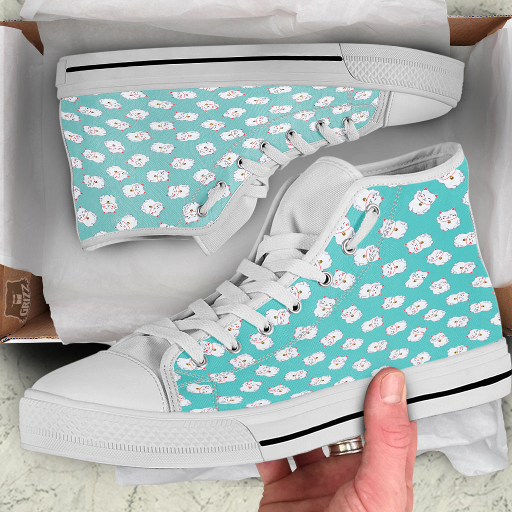 Blue Pastel Lucky Cat Print Pattern White High Top Shoes-grizzshop