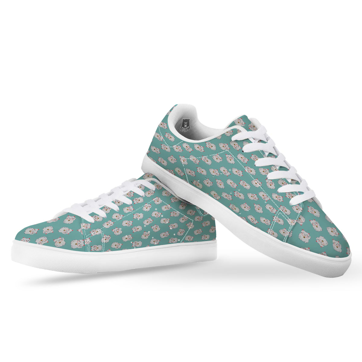 Blue Pastel Lucky Cat Print Pattern White Low Top Sneakers-grizzshop