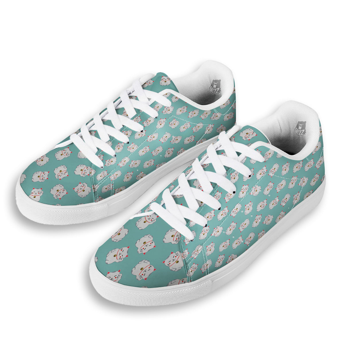 Blue Pastel Lucky Cat Print Pattern White Low Top Sneakers-grizzshop