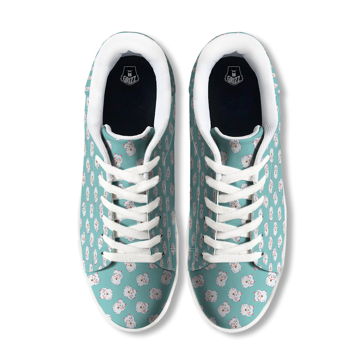 Blue Pastel Lucky Cat Print Pattern White Low Top Sneakers-grizzshop