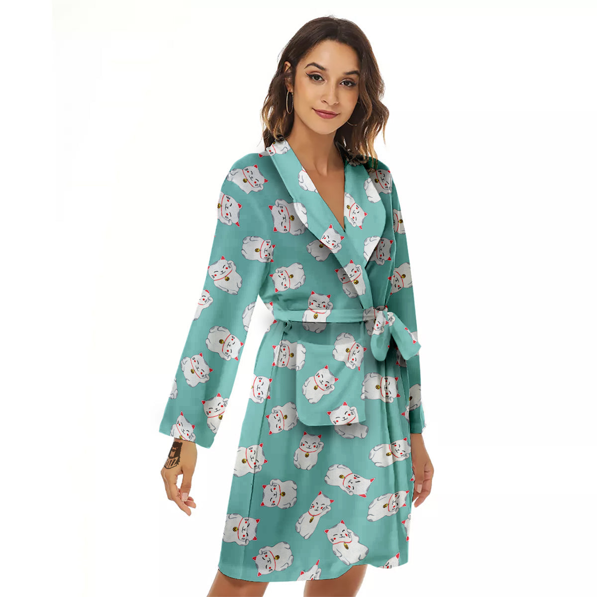 Blue Pastel Lucky Cat Print Pattern Women's Robe-grizzshop