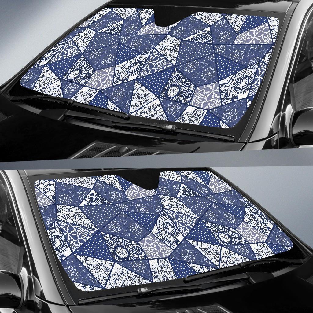 Blue Patchwork Pattern Print Car Sun Shade-grizzshop