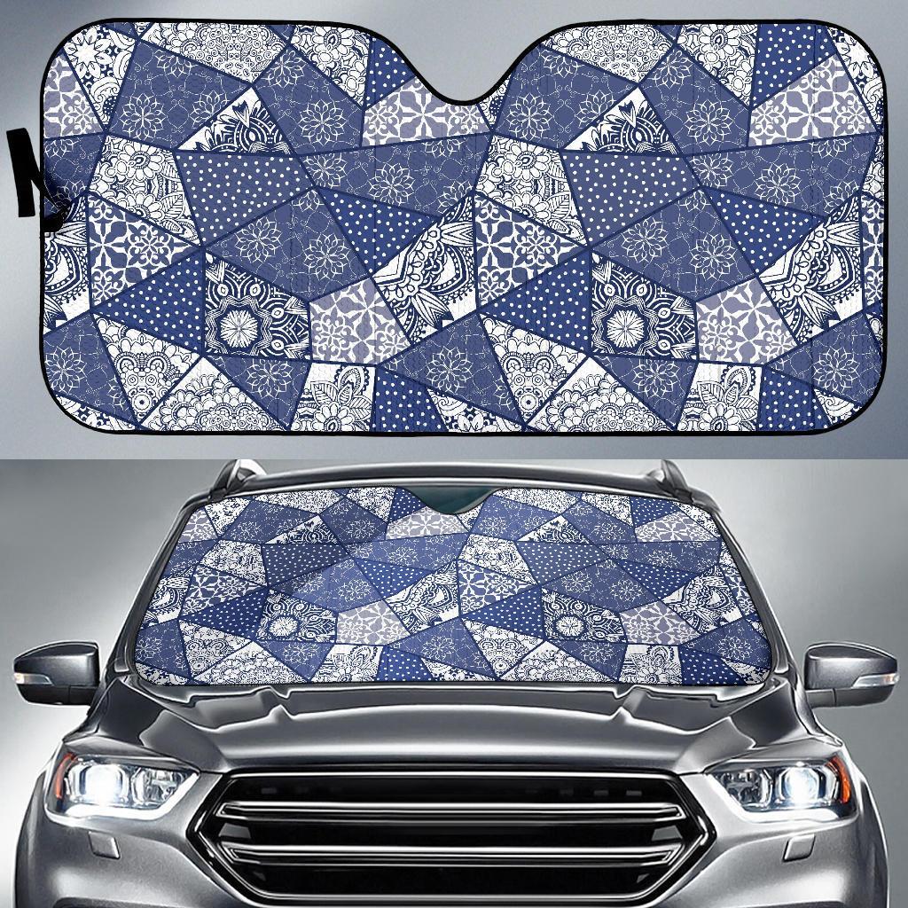 Blue Patchwork Pattern Print Car Sun Shade-grizzshop